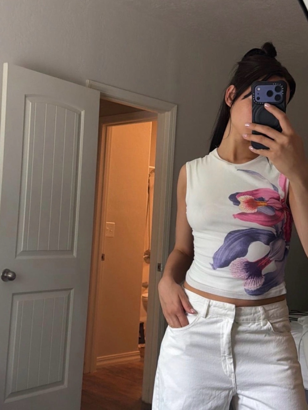 Peppermayo White Tank Top with Pink & Purple Floral Graphic
